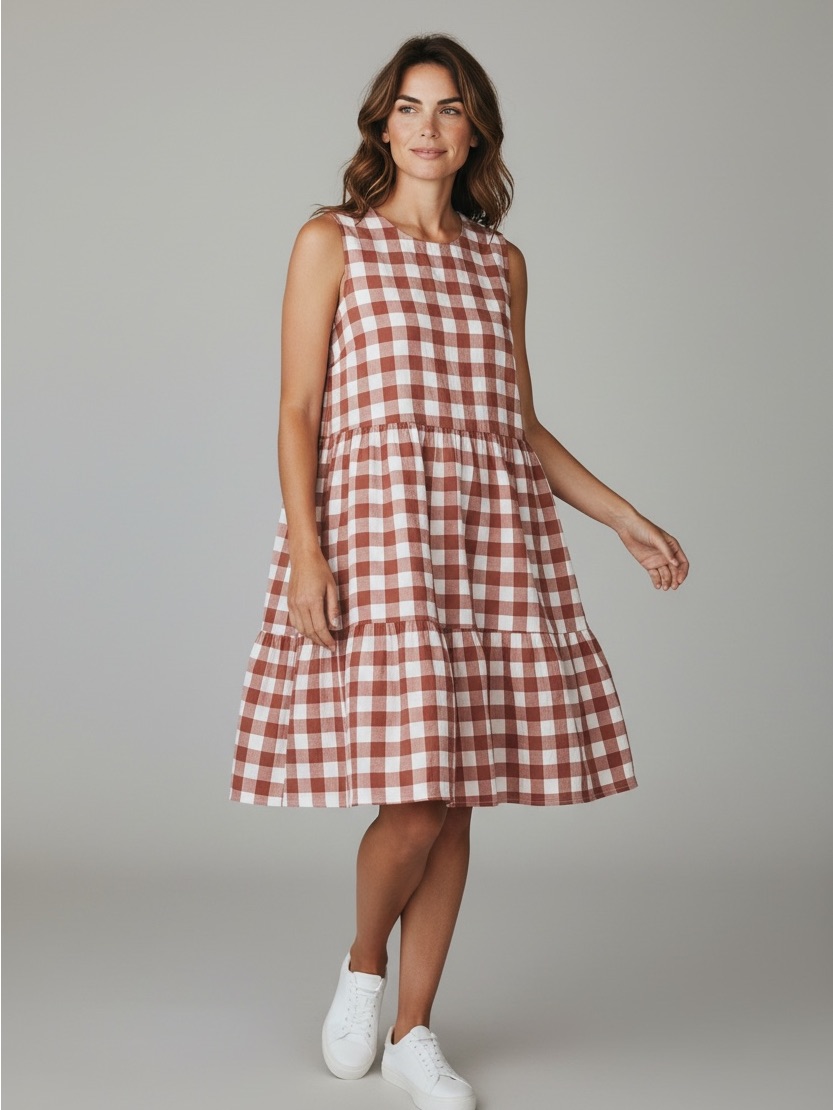 Sleeveless Retro Gingham Lined Dress In Red & White Pockets Size Large